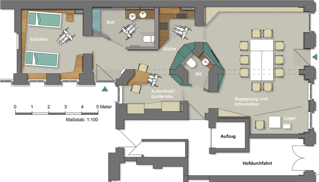 Farbiger Grundriss für das Infozentrum mit Musterwohnung für die SelbstBau e.G.