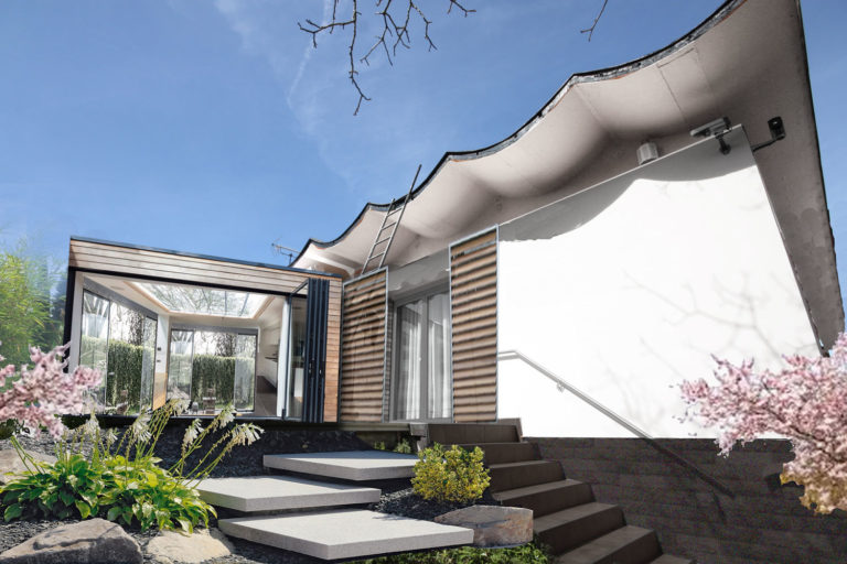 Fotocollage: Entwurf für die Außenansicht eines renovierten Bungalows mit Terrasse und Wintergarten