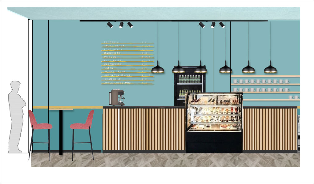 Wandansicht mit Tresen einer Café-Bar in Potsdam Babelsberg, gestaltet von raumdeuter