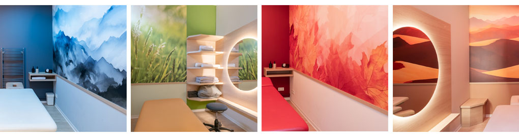 Farbtherapie der Innenarchitektur verschieden farbige Räume in der neuen Physiotherapie-praxis
