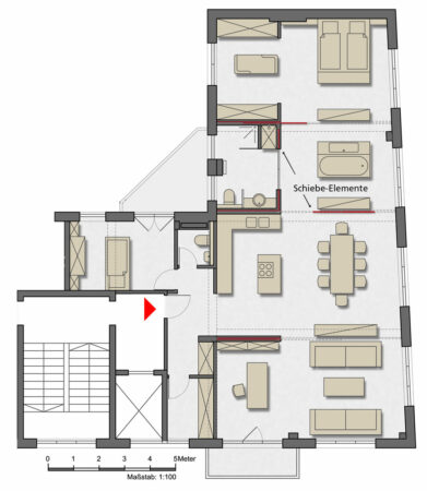 Grundriss mit Schiebetüren, geplant von raumdeuter, Innenarchitekt in Berlin