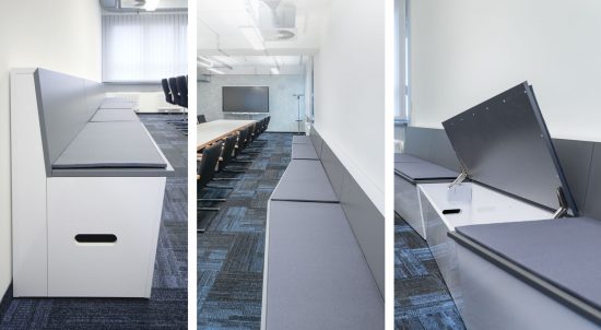 modulare Sitzbänke mit Stauraumfunktion in den Konferenzräumen